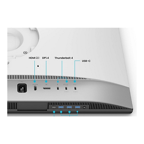 Gros plan de l'arrière d'un moniteur blanc, présentant divers ports, notamment HDMI 2.1, DP 1.4, Thunderbolt 4 et USB-C.