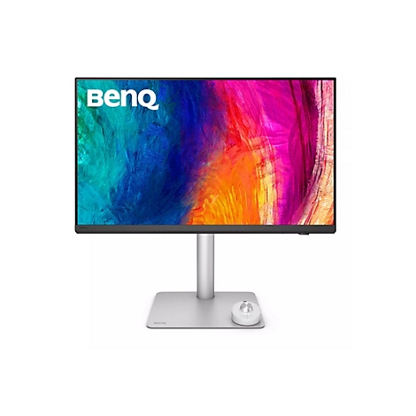 Ein BenQ-Monitor mit farbenfrohem Bildschirmhintergrund. Der Monitor ist auf einem silberfarbenen Ständer mit einer kleinen Steuerungseinheit platziert.