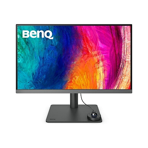 Grauer Monitor von BenQ mit buntem Display, auf weißem Hintergrund. Mit Bedienelement.