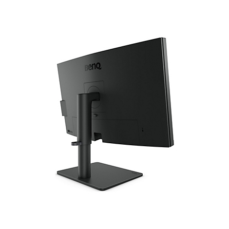 Rückansicht eines schwarzen BenQ Monitors auf einem Standfuß vor weißem Hintergrund.