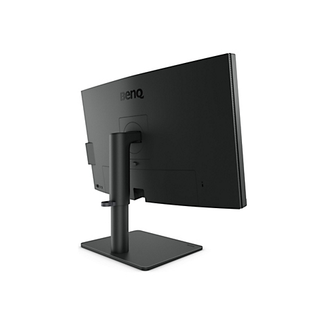 Rückansicht eines schwarzen BenQ Monitors mit höhenverstellbarem Standfuß auf weißem Hintergrund.