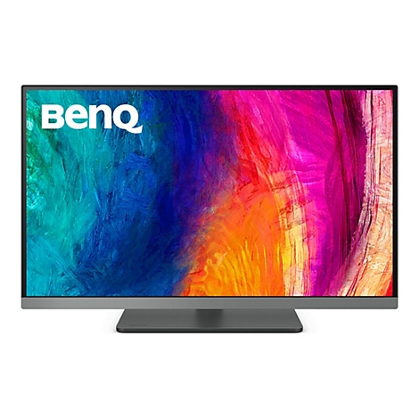 BenQ Monitor vor weißem Hintergrund mit abstraktem, farbenfrohem Displayhintergrund.