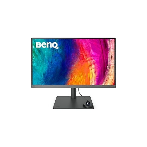 BenQ Monitor mit buntem, abstraktem Display-Hintergrundbild und Bedienrad auf dem flachen Standfuß.