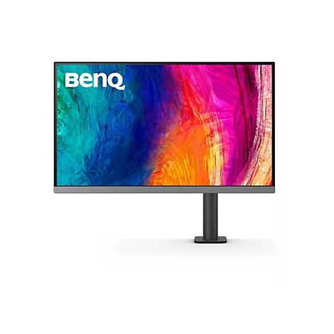BenQ Monitor mit einem farbenfrohen, abstrakten Hintergrundbild auf einem schmalen Standfuß vor weißem Hintergrund.