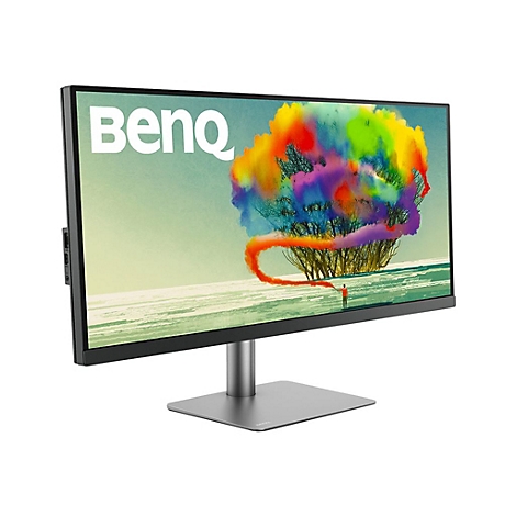 Der BenQ-Monitor wird schräg von vorne gezeigt. Auf dem Bildschirm ist ein farbenfrohes Kunstwerk zu sehen.