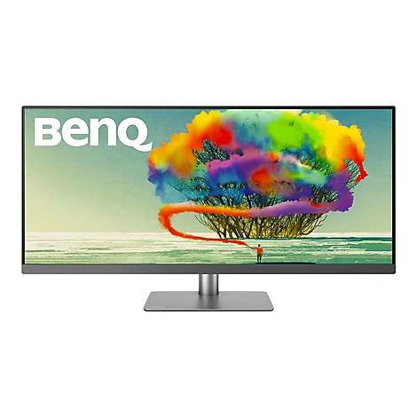 Ein BenQ-Monitor mit einem bunten Baum auf dem Bildschirm. Grauer Rahmen, silberner StandfuÃŸ.