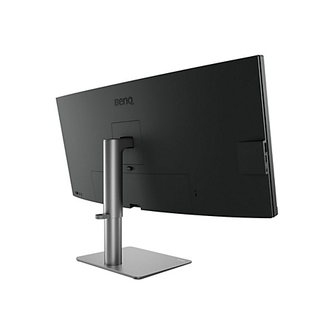 Ein schwarzer Monitor von hinten, mit einem silbernen StandfuÃŸ. Das Logo 'benq' ist oben zusehen.