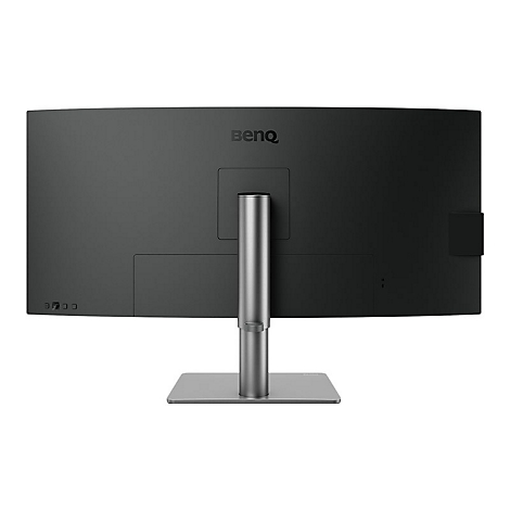 RÃ¼ckseite eines schwarzen BenQ-Monitors mit silbernem StÃ¤nder. Der Schriftzug BenQ ist oben mittig angebracht.