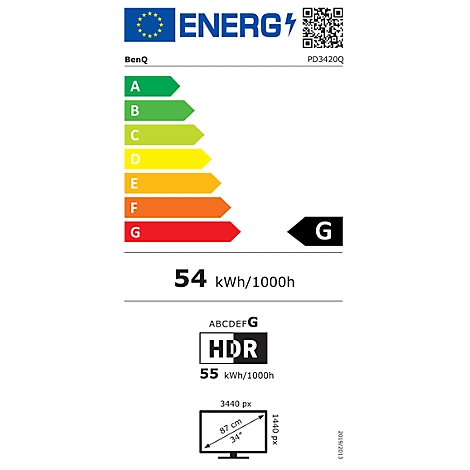 Energielabel für einen BenQ Monitor. Die Effizienzklasse ist G. Der jährliche Energieverbrauch beträgt 54 kWh/1000h. HDR.