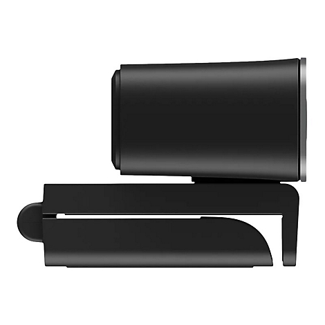 Schwarze Webcam, Seitenansicht. Ein rechteckiger Kamerakopf sitzt auf einer Halterung. Die Halterung hat eine Klemme.