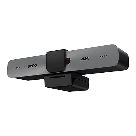 Graue BenQ-Webcam mit 4K-Aufschrift. Sie hat einen schwarzen Halter und ein minimalistisches Design.