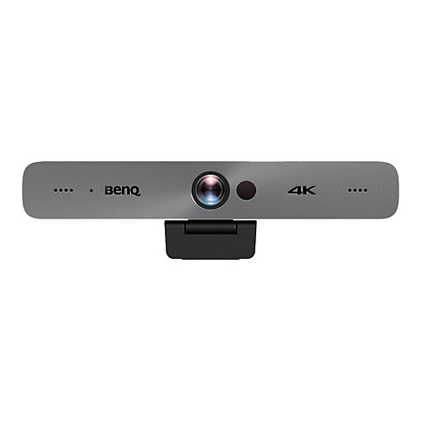Graue BenQ-Webcam mit 4K-Aufschrift. Über der Kameralinse sind LED-Punkte angeordnet, eine schwarze Halterung ist angebracht.