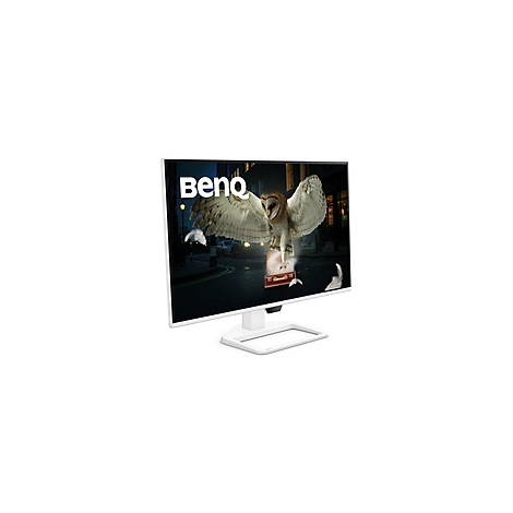 Weißer BenQ Monitor mit Eule, Federn und Schriftzug.