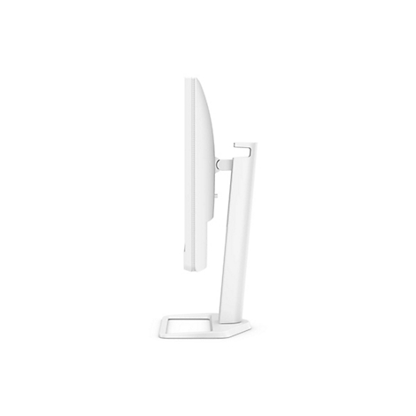 Vue latérale d'un moniteur blanc avec support. Le moniteur a un design élégant avec des bordures étroites. Le support est également blanc et minimaliste.