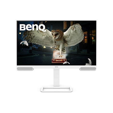 Le moniteur blanc BenQ affiche un hibou aux ailes déployées, debout sur une valise dans une scène nocturne. Des plumes blanches flottent.