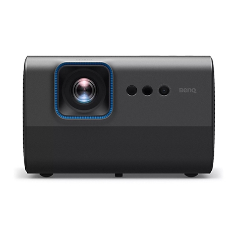 Projecteur gris foncé avec lentille à bordure bleue, trois boutons et logo BenQ. Partie inférieure noire.