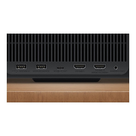 RÃ¼ckseite eines schwarzen GerÃ¤ts mit AnschlÃ¼ssen fÃ¼r USB, HDMI und Audio.