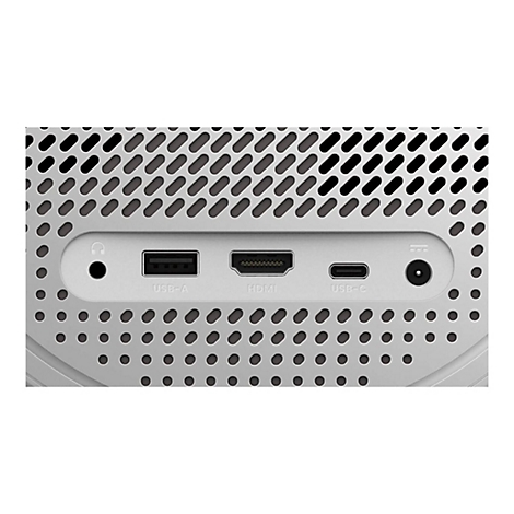Gros plan de l'arrière d'un appareil technologique gris avec des ports USB-A, HDMI, USB-C et d'alimentation.