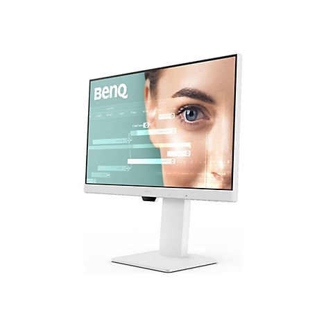 Weißer BenQ-Monitor mit Frauengesicht auf dem Bildschirm. Der Monitor steht auf einem weißen Standfuß vor weißem Hintergrund.