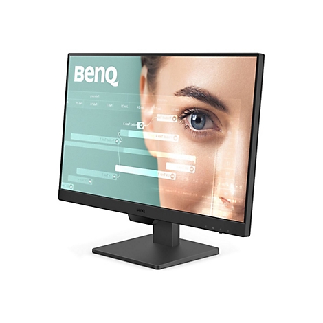 Schwarzer BenQ-Monitor mit blauem Auge im Hintergrund, Anzeige von Projektionen und Diagrammen. Der Monitor steht auf einem quadratischen Ständer.