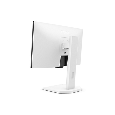 Rückansicht eines weißen Monitors mit Standfuß. Sichtbar sind Anschlüsse und die Marke BenQ.