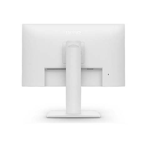 Rückseite eines weißen Monitors von BenQ, mit Standfuß und Logo.