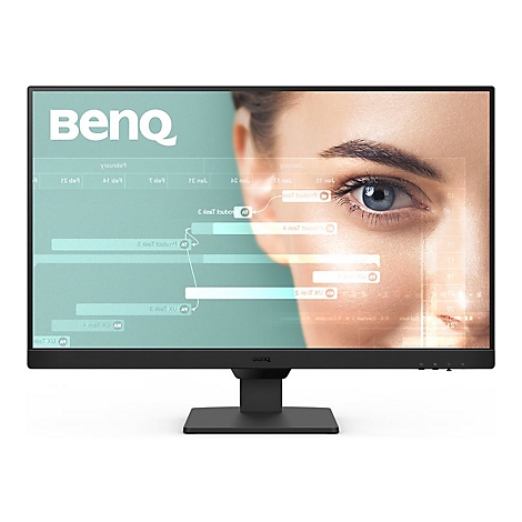 BenQ Monitor vor weißem Hintergrund zeigt eine Grafik mit dem Auge einer Frau und einem Projektzeitplan.