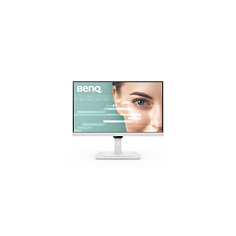 Moniteur BenQ blanc avec le visage d'une femme sur l'écran. Le graphique affiche des données et des chiffres verts.