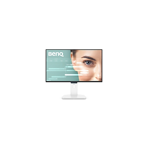 Un moniteur BenQ blanc affichant une image de l'œil d'une femme et des diagrammes.
