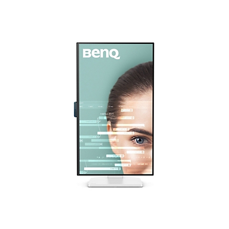 Un moniteur BenQ affiche le visage d'une femme, avec des données visualisées à l'écran. Le moniteur est placé sur une table blanche sur un fond blanc.