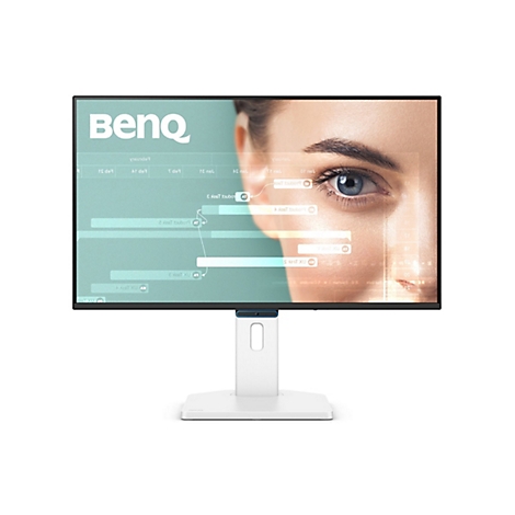 Ein Monitor mit einem schwarzen Rahmen vor weißem Hintergrund. Der Bildschirm zeigt ein menschliches Auge mit grafischen Elementen. Auf dem Bildschirm ist das Logo "BenQ" zu sehen.