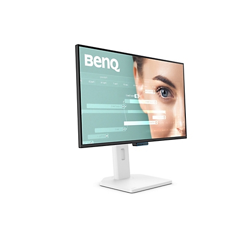 Der weiße BenQ-Monitor mit schwarzem Rahmen steht auf einem weißen Sockel. Auf dem Bildschirm ist ein Gesicht einer Frau und Text zu sehen.
