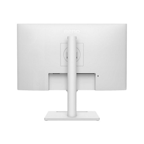 Vue arrière d'un moniteur BenQ blanc. Le pied et le boîtier sont également blancs.