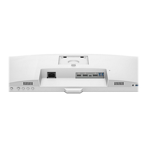 Arrière d'un moniteur blanc avec des ports, des fentes d'aération et un connecteur de câble d'alimentation.