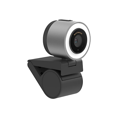 Webcam in Grau und Schwarz mit hellem Lichtring. Aufschrift BenQ ideaCam. Klemmvorrichtung zur Befestigung.