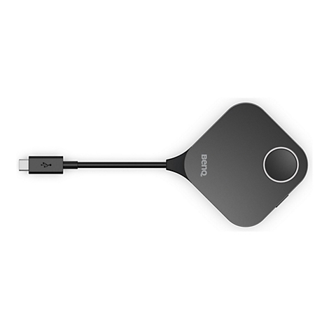 Grauer BenQ Wireless-Präsentationsbutton mit USB-C-Anschluss vor weißem Hintergrund.