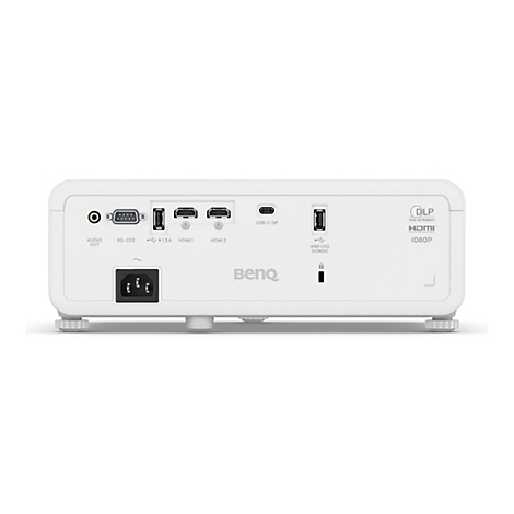Arrière d'un projecteur blanc avec connecteurs : audio, RS-232, HDMI, USB-C, dongle sans fil, port d'alimentation, marque BenQ.