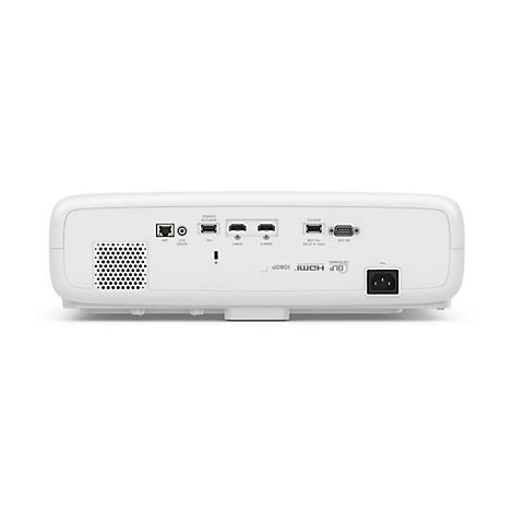 Rückansicht eines weißen Projektors mit zahlreichen Anschlüssen wie HDMI, USB, LAN und Audio.