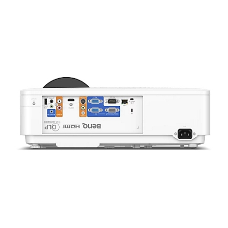 Nahaufnahme eines weißen Projektors mit Anschlussleiste. Anschlüsse beschriftet mit HDMI, S-Video, PC, RS-232, Monitor Out und Audio.