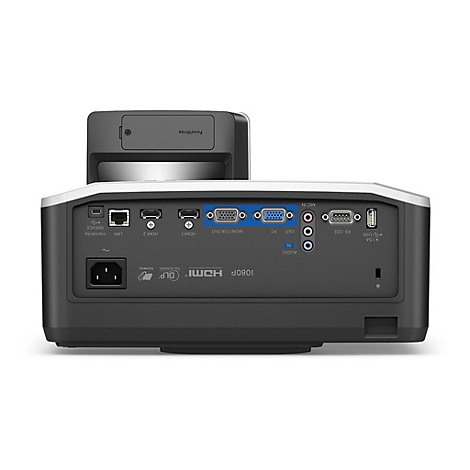 Rückseite eines Projektors mit Anschlüssen für HDMI, USB, Audio und Netzwerk. Der Schriftzug "HDMI 1080P DLP" ist erkennbar.