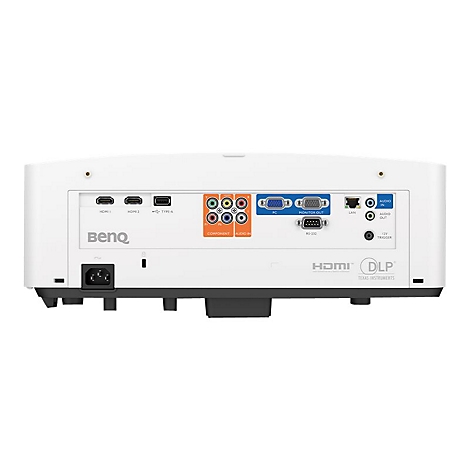 Rückseite eines weißen Beamers mit Anschlüssen. Links: Stromanschluss, HDMI, USB. Rechts: Audio, LAN, VGA-Anschlüsse, Aufschrift BenQ.