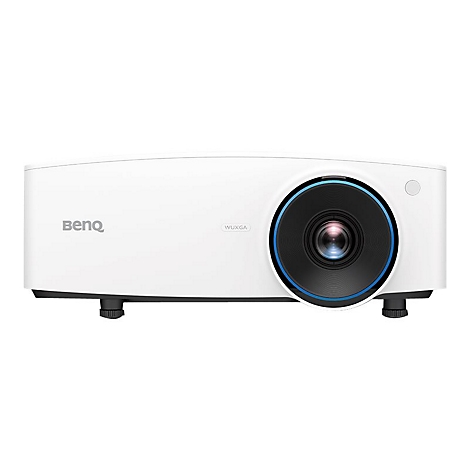 Weißer BenQ-Projektor mit großem Objektiv; blaue Akzente.