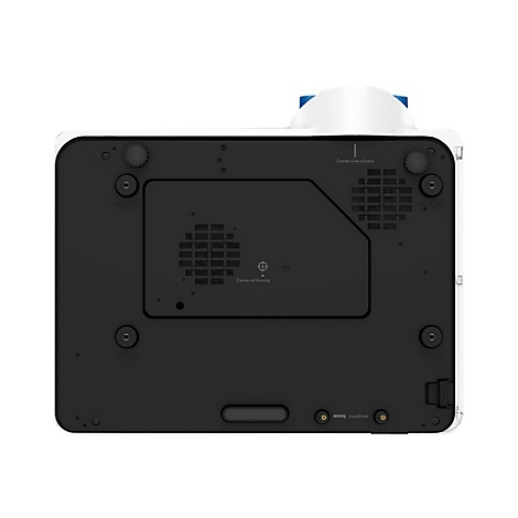 Draufsicht auf einen Projektor. Schwarze Basis mit weißen Akzenten. Beschriftung: Center Line of Lens, Center of Gravity, Benq InstaShow.