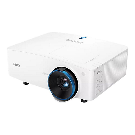 Projecteur BenQ blanc, accents bleus, objectif en focus.