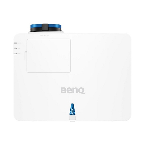 Projecteur blanc avec lentille bleue, logo BenQ et autocollant laser.