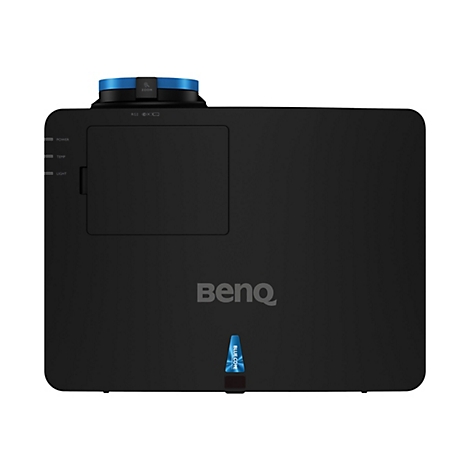 Schwarzer BenQ-Projektor mit blauer Linse, Seitenanzeigen und 'BenQ'-Logo.
