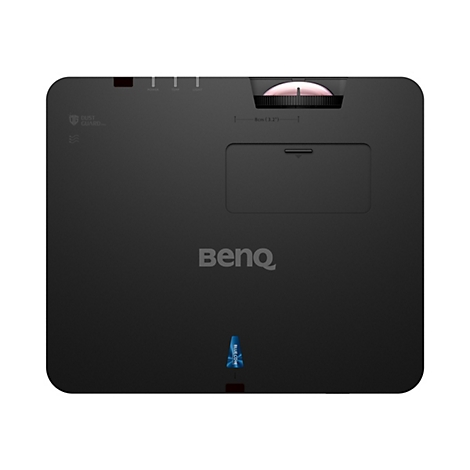 Schwarzer BenQ-Projektor, oben mit Bedienelementen, darunter BenQ-Logo und BlueCore-Label.