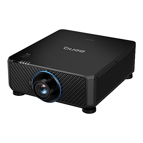 Schwarzer BenQ-Projektor, Detailansicht der Linse mit blauem Akzent.