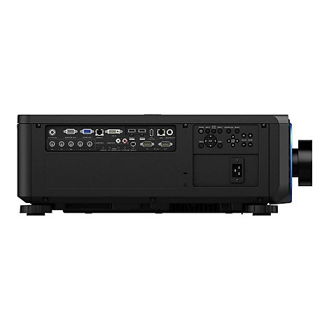 Rückseite eines schwarzen Projektors mit Anschlüssen, Bedienelementen und Stromanschluss.
