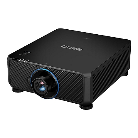 Schwarzer BenQ-Projektor, seitlich betrachtet. Blaue Details um Linse und auf der Oberseite. Schriftzüge: "BenQ", "VUXGA" und "DLP Laser".